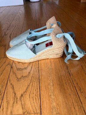 Made-in-Spain Canvas Ankle-Wrap Wedge Heel Espadrilles Brand New, Size 38
